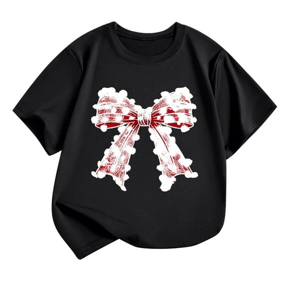 FamilyThread Children's Casual Loose T-shirt Fashionable Bow Style Summer Comfortable Short Sleeved Round Neck Top For 1-12Y