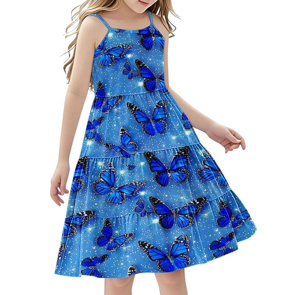 FamilyThread FamilyThread Girls Casual Butterfly Print Sleeveless Dresses Spaghetti Strap Summer Swing Twirly Sundress A-Line Dress For 4-14Y