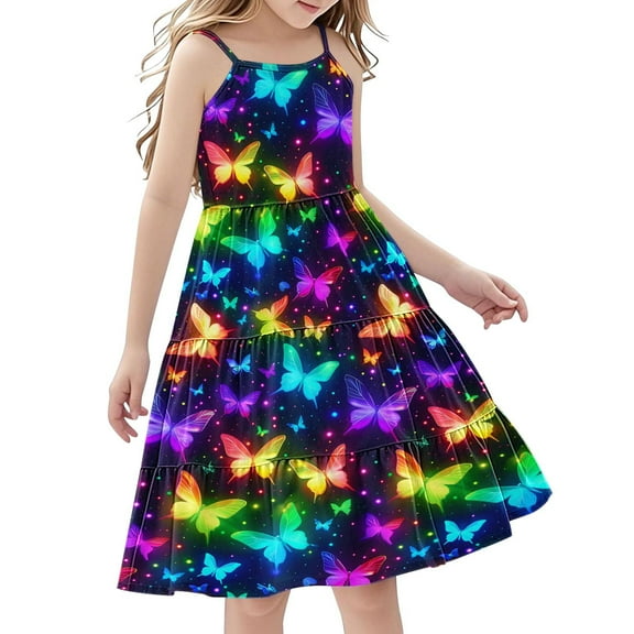 FamilyThread FamilyThread Girls Casual Butterfly Print Sleeveless Dresses Spaghetti Strap Summer Swing Twirly Sundress A-Line Dress For 4-14Y