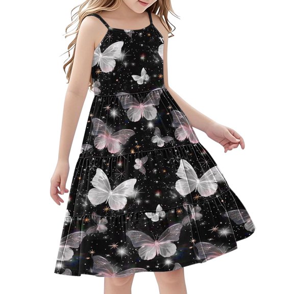 FamilyThread FamilyThread Girls Casual Butterfly Print Sleeveless Dresses Spaghetti Strap Summer Swing Twirly Sundress A-Line Dress For 4-14Y