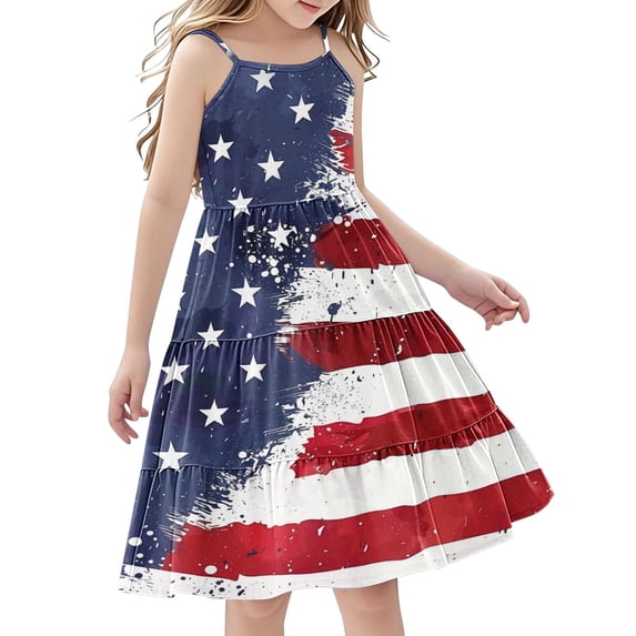 FamilyThread FamilyThread Girls Summer 4th Of July Dresses with Ruffle Short Sleeve Casual A-Line Swing Twirly School Sundress For 5-14Y
