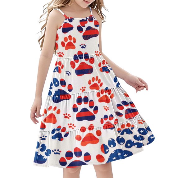 FamilyThread FamilyThread Girls Summer 4th Of July Dresses with Ruffle Short Sleeve Casual A-Line Swing Twirly School Sundress For 5-14Y