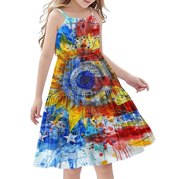 FamilyThread FamilyThread Girls Summer 4th Of July Dresses with Ruffle Short Sleeve Casual A-Line Swing Twirly School Sundress For 5-14Y