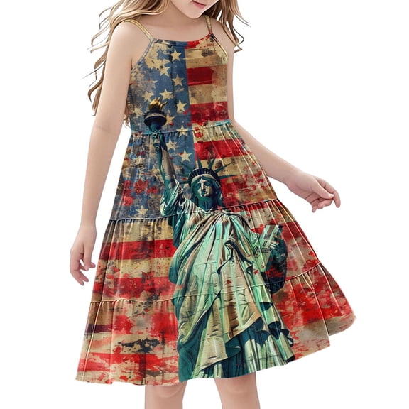 FamilyThread FamilyThread Girls Summer 4th Of July Dresses with Ruffle Short Sleeve Casual A-Line Swing Twirly School Sundress For 5-14Y