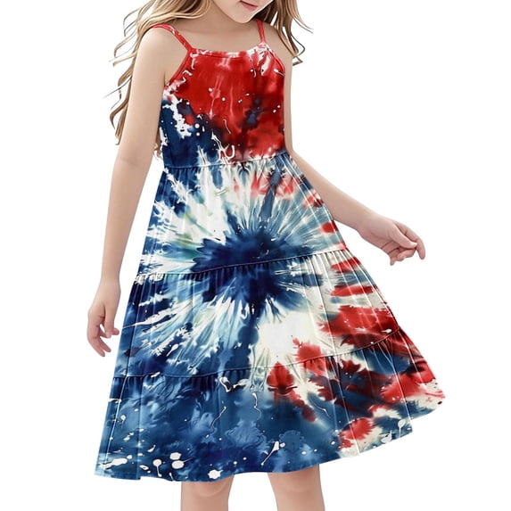 FamilyThread FamilyThread Girls Summer 4th Of July Dresses with Ruffle Short Sleeve Casual A-Line Swing Twirly School Sundress For 5-14Y