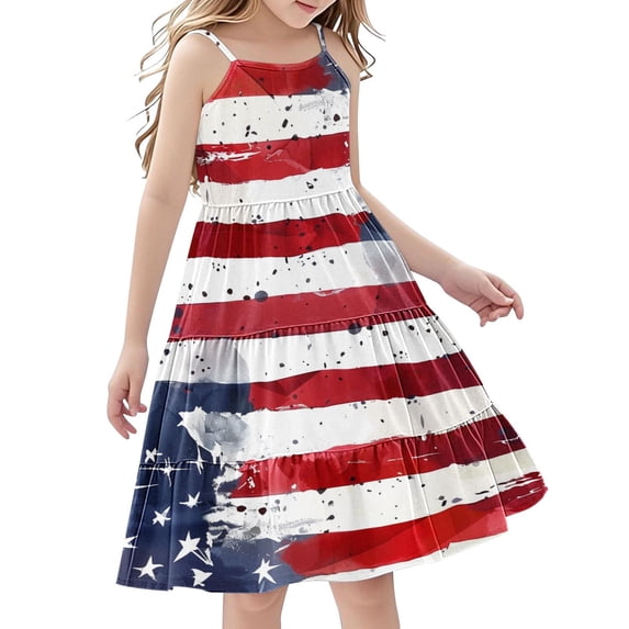 FamilyThread FamilyThread Girls Summer 4th Of July Dresses with Ruffle Short Sleeve Casual A-Line Swing Twirly School Sundress For 5-14Y