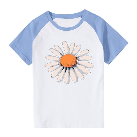 FamilyThread Girl's Flower Graphic Round Neck Short Sleeve Casual Trendy Cute Summer And Spring Tops For 2-14 Years