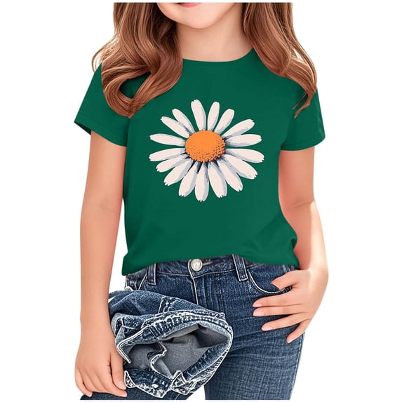 FamilyThread Girl's Flower Graphic Round Neck Short Sleeve Casual Trendy Cute Summer And Spring Tops For 2-14 Years