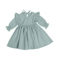 thumbnail image 1 of FamilyThread Girl's Solid Color Long Sleeve With Ruffle Summer Comfortable Crewneck Pleated Loose Casual Linen Dress For 1-6Y, 1 of 8