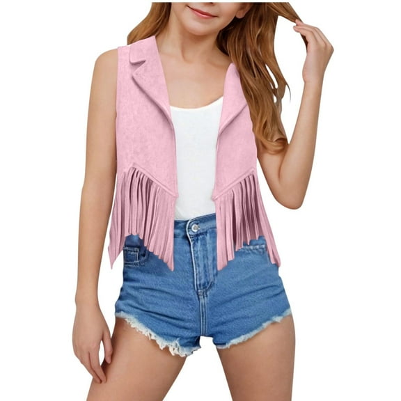 FamilyThread Girl's Western Fringe Crop Vest 70s Hippie Boho Tassels Cowgirl Jacket Trendy Outerwear For 3-12Y