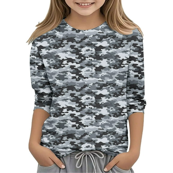 FamilyThread Girls' 3/4 Sleeve Round Neck Top Camouflage Tee For 3-12 Y