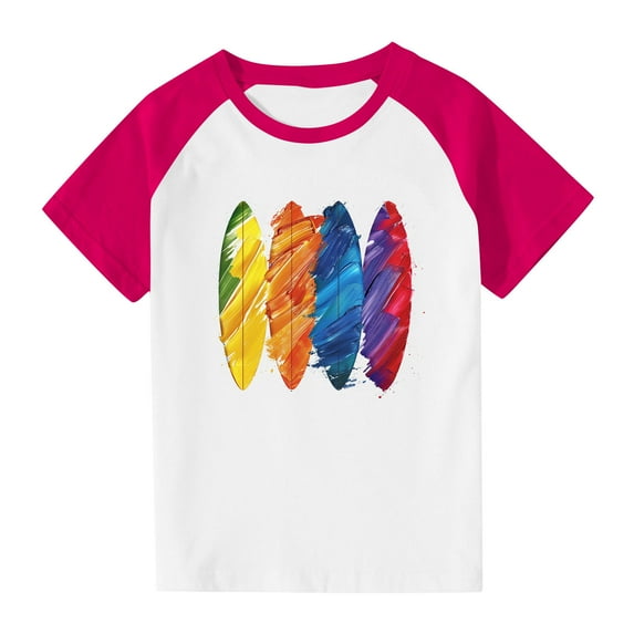 FamilyThread Girls Boys Short Sleeve Raglan T Shirts Kids Rainbow Striped Summer Tops Crewneck Basic Rainbow Graphic Tees 3-13 Years