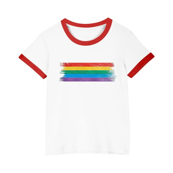 FamilyThread Girls Boys Short Sleeve Raglan T Shirts Kids Rainbow Striped Summer Tops Crewneck Basic Rainbow Graphic Tees 3-13 Years