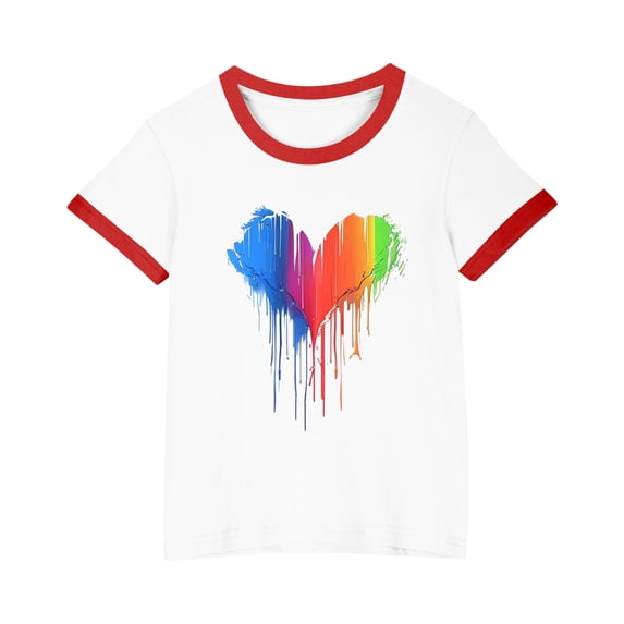 FamilyThread Girls Boys Short Sleeve Raglan T Shirts Kids Rainbow Striped Summer Tops Crewneck Basic Rainbow Graphic Tees 3-13 Years