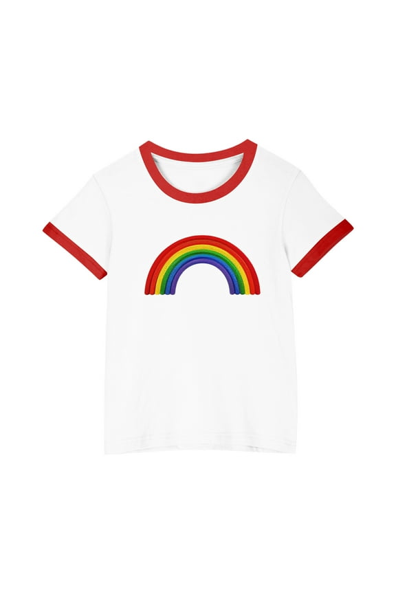 Girls Boys Short Sleeve Raglan T Shirts Kids Rainbow Striped Summer Tops Crewneck Basic Rainbow Graphic Tees 3-13 Years