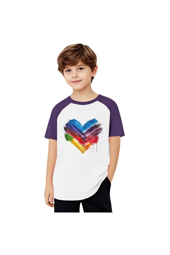 Girls Boys Short Sleeve Raglan T Shirts Kids Rainbow Striped Summer Tops Crewneck Basic Rainbow Graphic Tees 3-13 Years