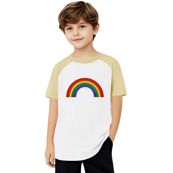 FamilyThread Girls Boys Short Sleeve Raglan T Shirts Kids Rainbow Striped Summer Tops Crewneck Basic Rainbow Graphic Tees 3-13 Years
