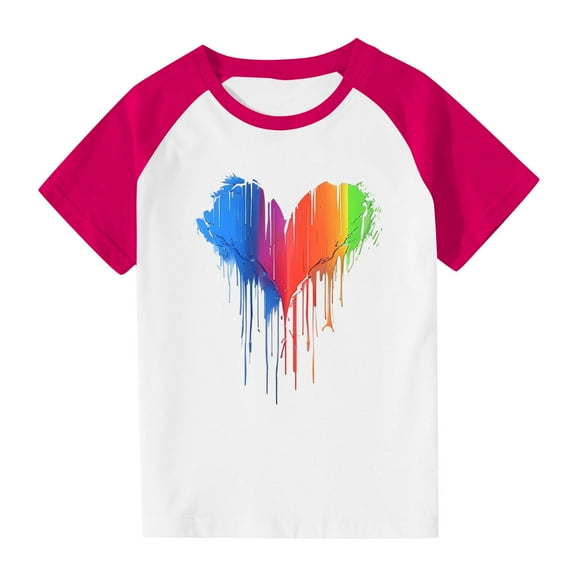 FamilyThread Girls Boys Short Sleeve Raglan T Shirts Kids Rainbow Striped Summer Tops Crewneck Basic Rainbow Graphic Tees 3-13 Years