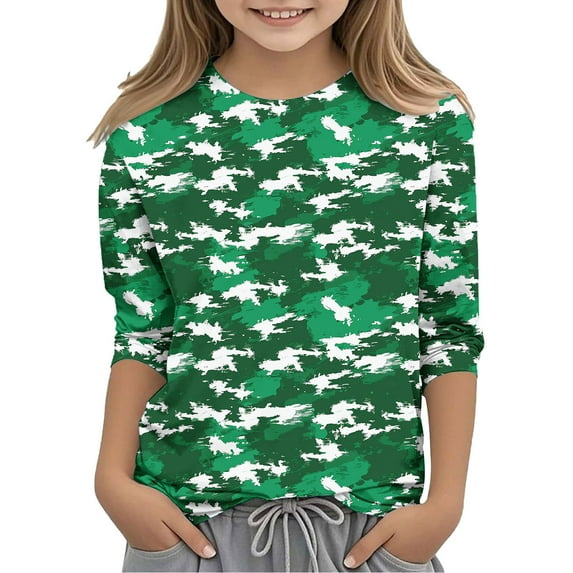 FamilyThread Girls' Camouflage 3/4 Sleeve Round Neck Top Casual Tee For 3-12 Y