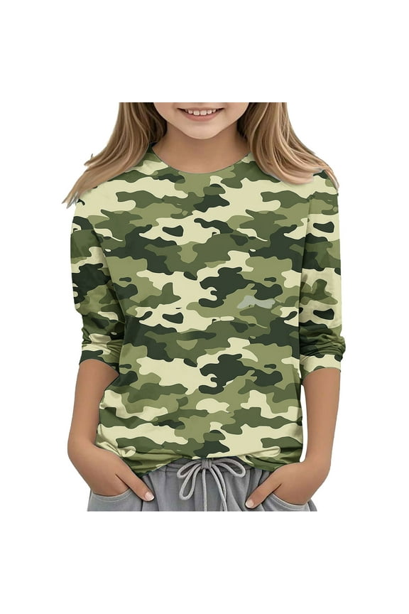 Girls' Camouflage 3/4 Sleeve Round Neck Top Fashion Tee For 3-12 Y