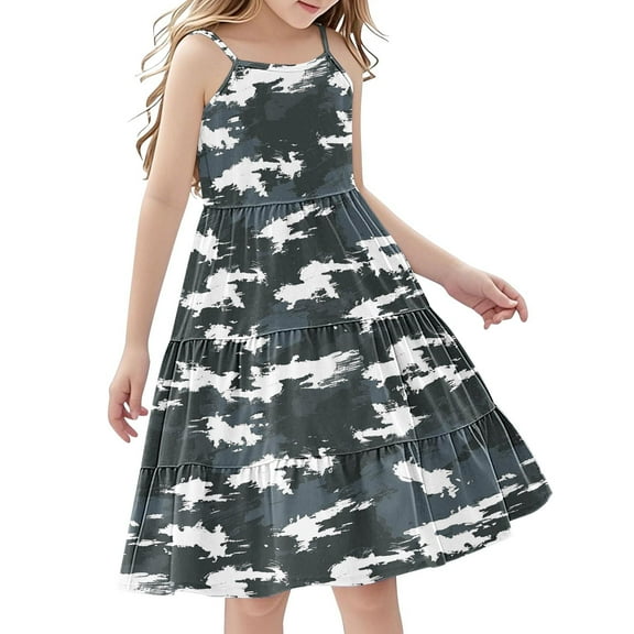 FamilyThread Girls Casual Camouflage Sleeveless Dresses Spaghetti Strap Summer Swing Twirly Sundress A-Line Dress For 4-14Y