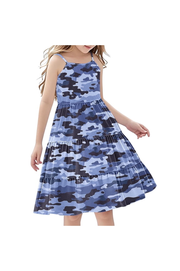 Girls Casual Camouflage Sleeveless Dresses Spaghetti Strap Summer Swing Twirly Sundress A-Line Dress For 4-14Y