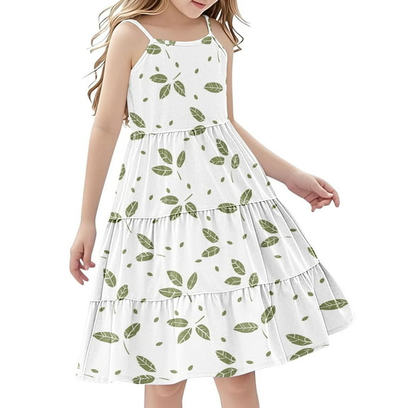 FamilyThread Girls Casual Fresh Style Sleeveless Boho Dresses Spaghetti Strap Summer Swing Twirly Sundress A-Line Dress For 4-14Y