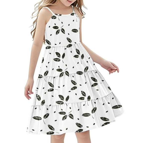 FamilyThread Girls Casual Fresh Style Sleeveless Boho Dresses Spaghetti Strap Summer Swing Twirly Sundress A-Line Dress For 4-14Y