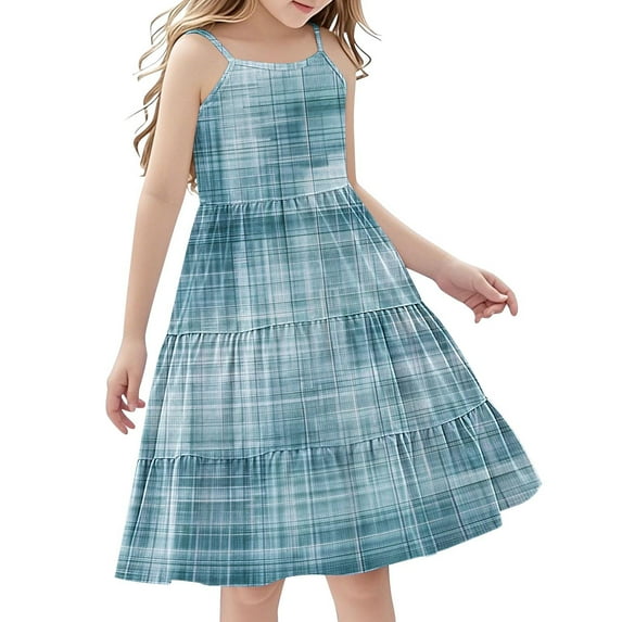 FamilyThread Girls Casual Fresh Style Sleeveless Dresses Spaghetti Strap Summer Swing Twirly Sundress A-Line Dress For 4-14Y