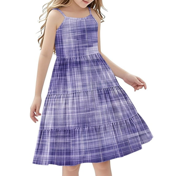 FamilyThread Girls Casual Fresh Style Sleeveless Dresses Spaghetti Strap Summer Swing Twirly Sundress A-Line Dress For 4-14Y