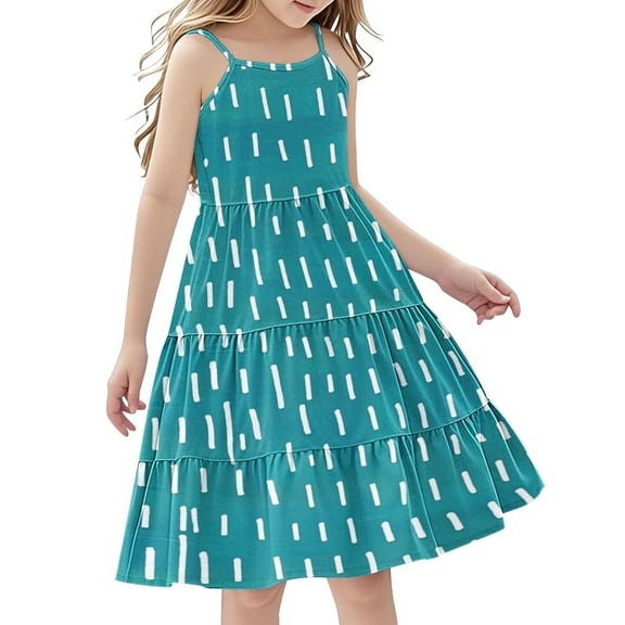 FamilyThread Girls Casual Print Sleeveless Dresses Spaghetti Strap Summer Swing Twirly Sundress A-Line Dress For 4-14Y