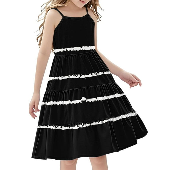 FamilyThread Girls Casual Stripe Sleeveless Dresses Spaghetti Strap Summer Swing Twirly Sundress A-Line Dress For 4-14Y