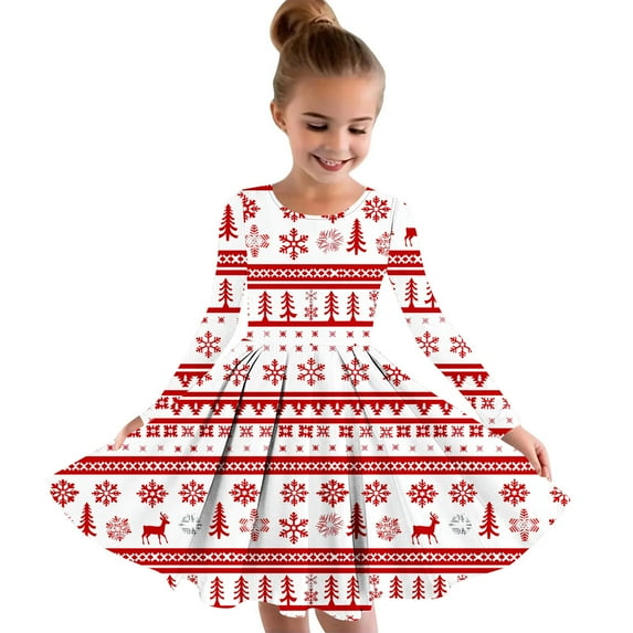 FamilyThread Girls Christmas Dress Long Sleeve Dress for Girls Swing Twirly Skater Dresses Pleated Casual A Line Dresses For 4-14Y