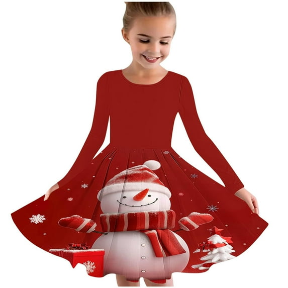 FamilyThread Girls Christmas Dress Long Sleeve Dress for Girls Swing Twirly Skater Dresses Snowman Print Casual A Line Dresses For 4-12Y