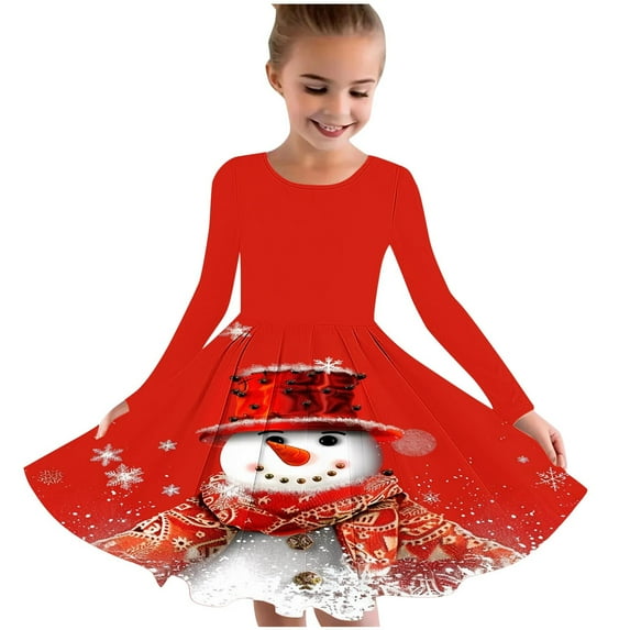 FamilyThread Girls Christmas Dress Long Sleeve Dress for Girls Swing Twirly Skater Dresses Snowman Print Casual A Line Dresses For 4-12Y