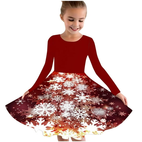 FamilyThread Girls Christmas Dress Long Sleeve Dress for Girls Swing Twirly Skater Dresses Tree Print Casual A Line Dresses For 4-12Y