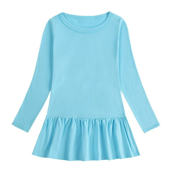 FamilyThread Girls Comfortable Dress Long Sleeve Dress Crewneck Cotton Solid Casual Skater A Line Dresses For 1-7Y