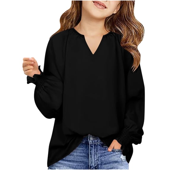 FamilyThread Girls Cute Long Sleeve Blouses New Casual V Neck Smocked Cuffs Shirts Tops For 6-16Y