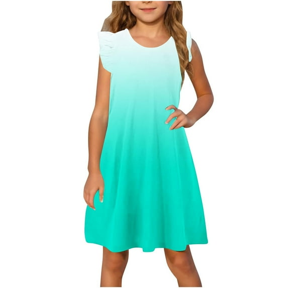 FamilyThread Girls Dresses Summer Formal Party Ruffle Sleeve Gradient Dress Casual Round-Neck Colorful Dresses For 4-14Y