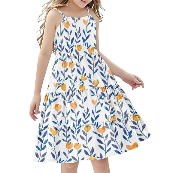 FamilyThread Girls Floral Print Sleeveless Dresses Spaghetti Strap Summer Swing Twirly Sundress A-Line Dress For 4-14Y