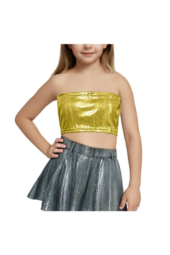 Girls Hip Hop Dance Clothes With Exposed Waist Kids Jersey Sequin Dress Long Tank Top Jazz Cheerleading T-Shirt For 3-16Y