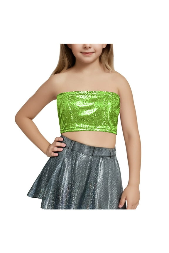 Girls Hip Hop Dance Clothes With Exposed Waist Kids Jersey Sequin Dress Long Tank Top Jazz Cheerleading T-Shirt For 3-16Y
