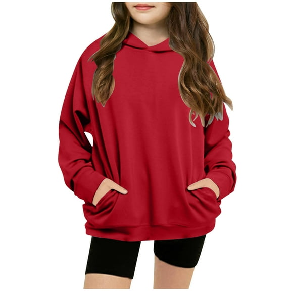 FamilyThread Girls Hoodies Kids Long Pullover Hooded Solid Color Sweatshirt Long hoodies for Girls Hoodie with Pockets For 5-14Y