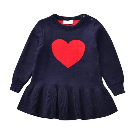 FamilyThread Girls' Knitted Sweater Heart Printed Skirt Round Neck Long Sleeved Pleated Dress For 1-5Y