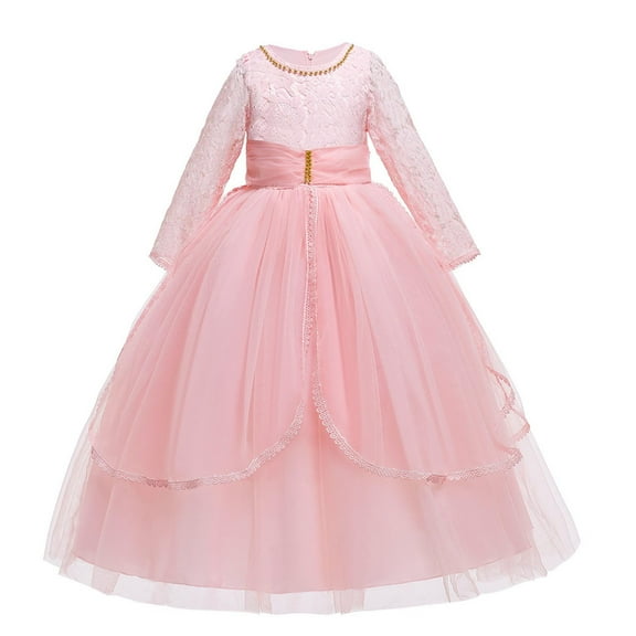 FamilyThread Girls Lace Dress Wedding Bridesmaid Pageant Party Formal Long Gown Princess Tulle Dresses For 7-13Y
