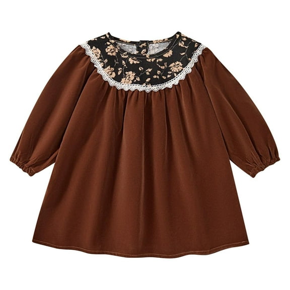 FamilyThread Girls Long Sleeve Dress Fall Autuman Cotton Casual Shirt Dresses Solid Color Dresses For 2-8Y