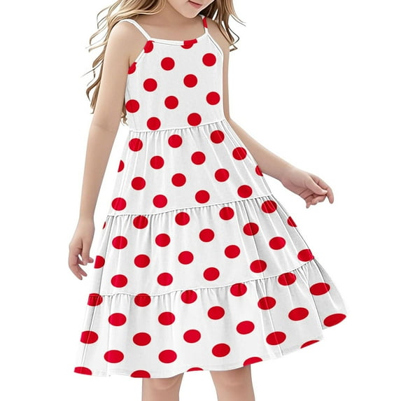 FamilyThread Girls Polka Dot Sleeveless Dresses Spaghetti Strap Summer Swing Twirly Sundress A-Line Dress For 4-14Y