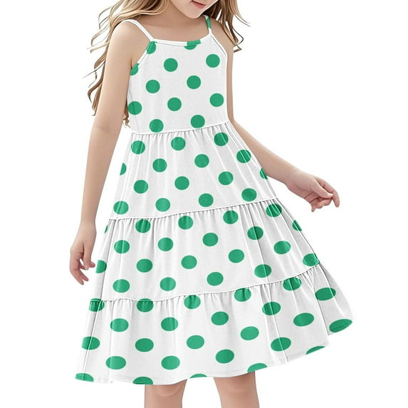 FamilyThread Girls Polka Dot Sleeveless Dresses Spaghetti Strap Summer Swing Twirly Sundress A-Line Dress For 4-14Y