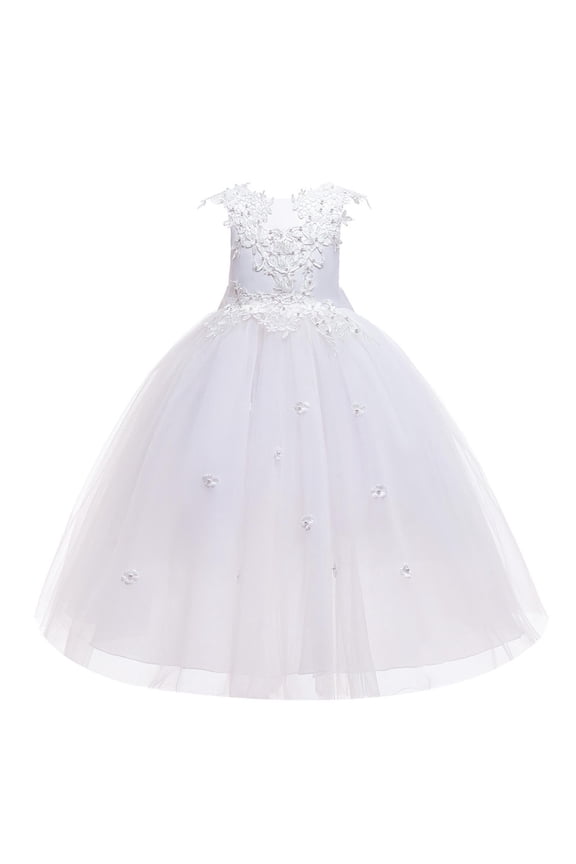Girls Ruffle Ball Gown Party Pageant Lace Dresses Lace Round-Neck Embroidery Mesh Princess Skirt For 7-14Y