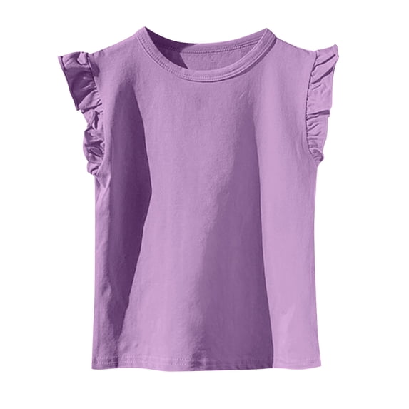 FamilyThread Girls Ruffle Sleeve T Shirt Short Sleeve Basic Tank Top Blouse Plain Solid Kids Colorful Casual Clothes For 2-11 Years